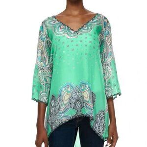 Johnny Was Green Silk Printed Tunic Blouse Size XXL